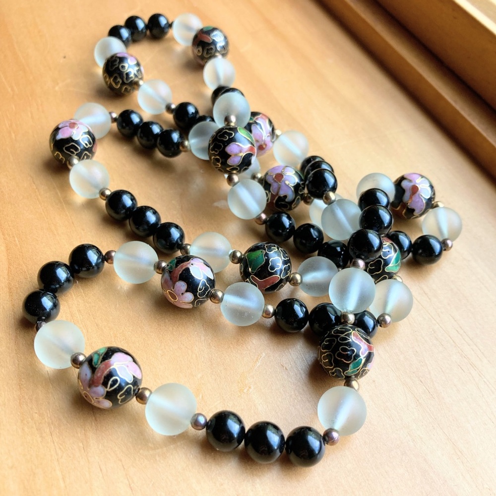 Vintage long Asian cloisonné enamel black onyx frosted glass beads necklace